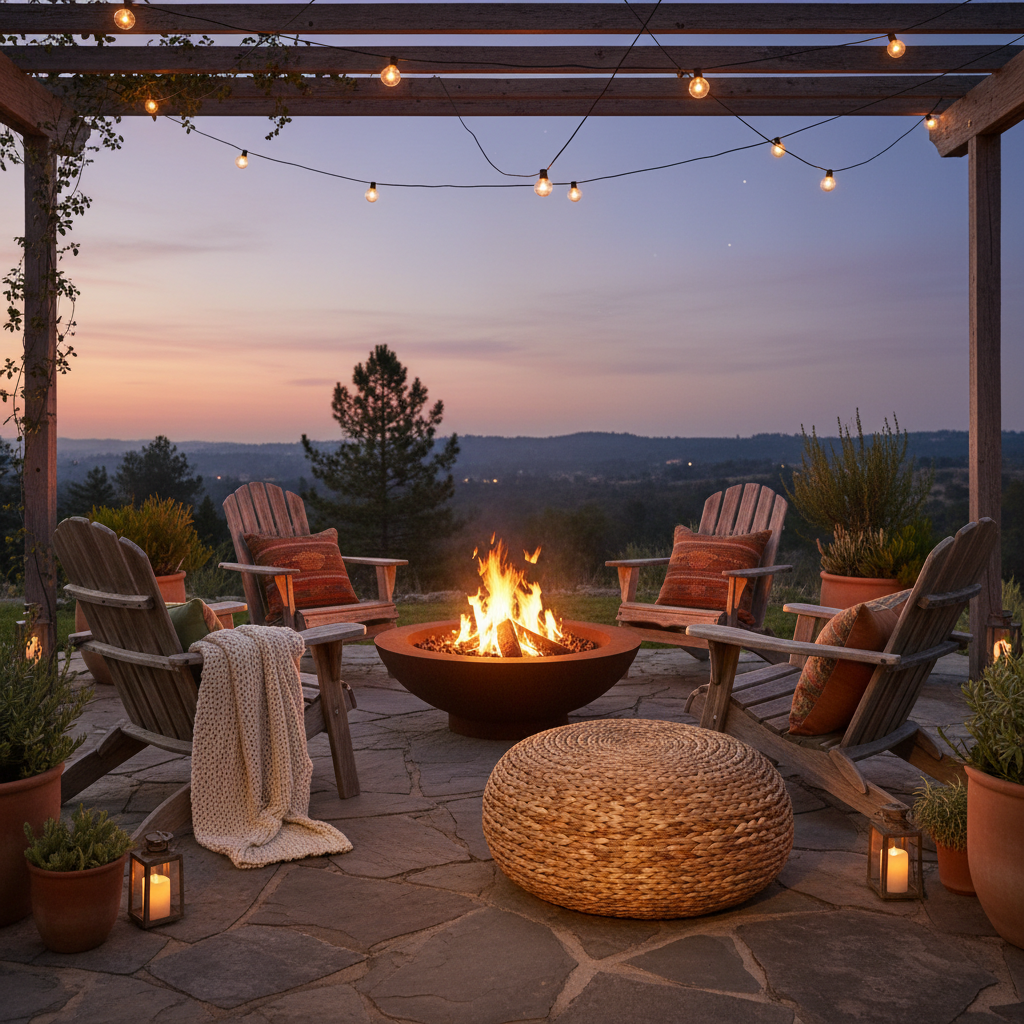 Earned Comfort at the Fire Pit (real texture, warmth, and flexibility), Not Just a Chair: What Produces a Relaxed Campfire Lounge Setup with a Seagrass Pouf Footrest