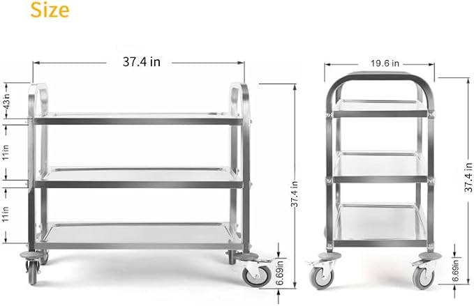 Nisorpa 3 Tier Stainless Steel Utility Cart L37.4 x W19.68 x H37.4 Inch Kitchen - Image 2