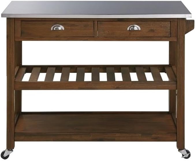 BOWERY HILL Modern Wood/Stainless Steel Kitchen Cart in Chestnut Wire-Brush - Image 3