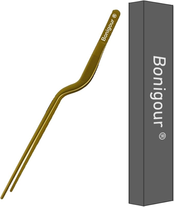 Tongs: Gold Stainless Steel Offset Precision Tweezers, 9.3-Inch