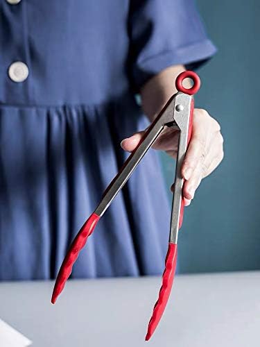 Tongs 3-Pack, 9-Inch Red Silicone with Stainless Steel Locking Ring