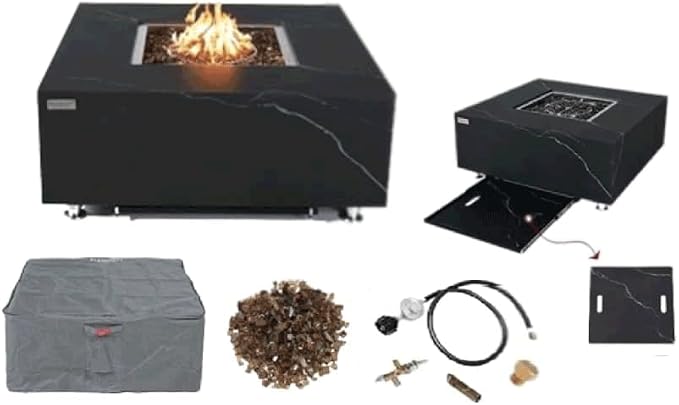 Elementi+ | Sofia Gas Fire Pit | Marble Porcelain & Metal Frame | 40" Square by AMSFireplaceInc
