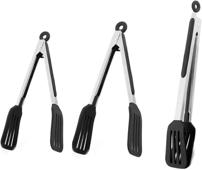 Tongs with Locking Ring, Stainless Steel and Silicone, Black, 12 Inch