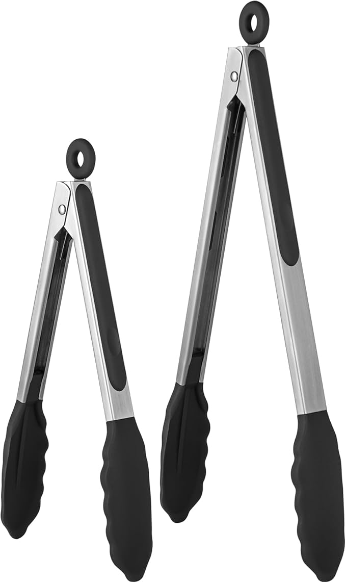 Kitchen Tongs with Silicone Tips, Locking, 12-Inch Black