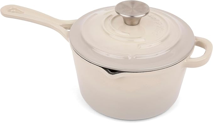 Saucepan with Lid, 2.2 Quart Enameled Cast Iron, Stone Finish