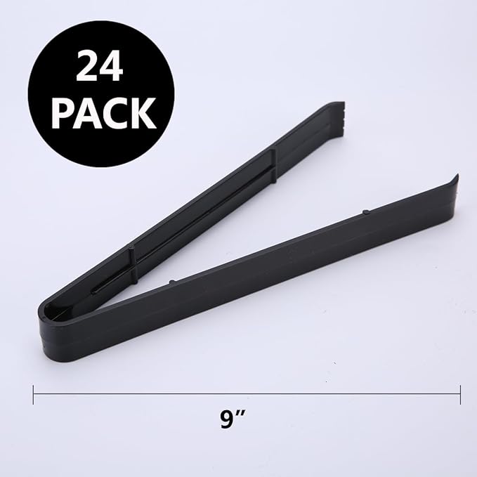 Tongs, 24-Count Black Plastic Serving Set, 9-Inch BPA-Free