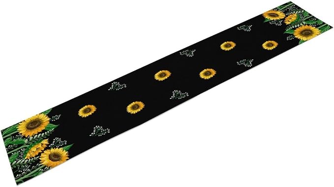 Sunflower Table Runner, Spring Summer Watercolor Floral Plants Leaves Print - Image 2