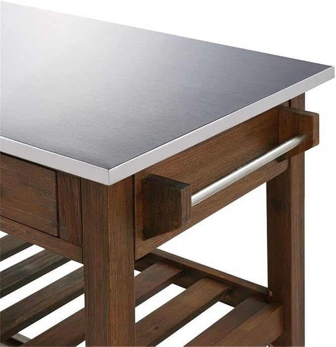 BOWERY HILL Modern Wood/Stainless Steel Kitchen Cart in Chestnut Wire-Brush - Image 6