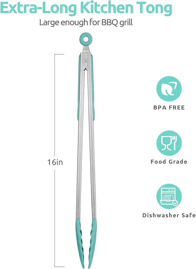 Grilling Tongs 16-Inch with Silicone Tips, Aqua Sky Locking