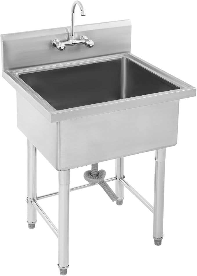 Commercial Sink with Cold & Hot Faucet, Freestanding Single Bowl Kitchen by Unknown