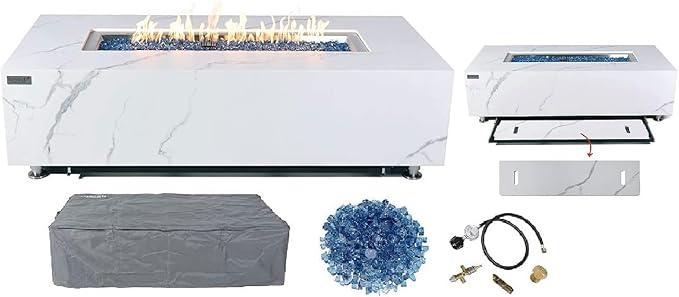 Elementi+ | Carrara Gas Fire Pit | Marble Porcelain & Metal Frame | 60" by AMSFireplaceInc