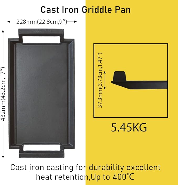 Griddle, 16.7 x 9.1 Inch Gray Cast Iron Flat Top for Grill and Stove