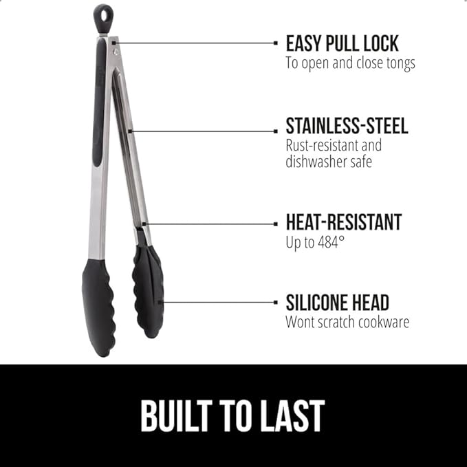 Tongs with Silicone Head and Stainless Steel Body, Black