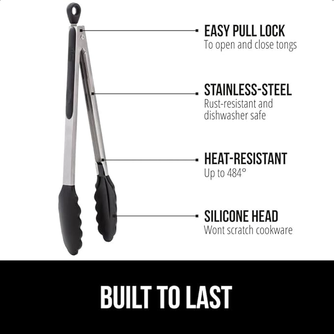 Tongs with Silicone Scalloped Edges and Stainless Steel Build, Black