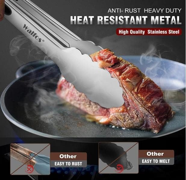 Tongs 4-Piece Stainless Steel Set with Silicone Grip and Locking Ring