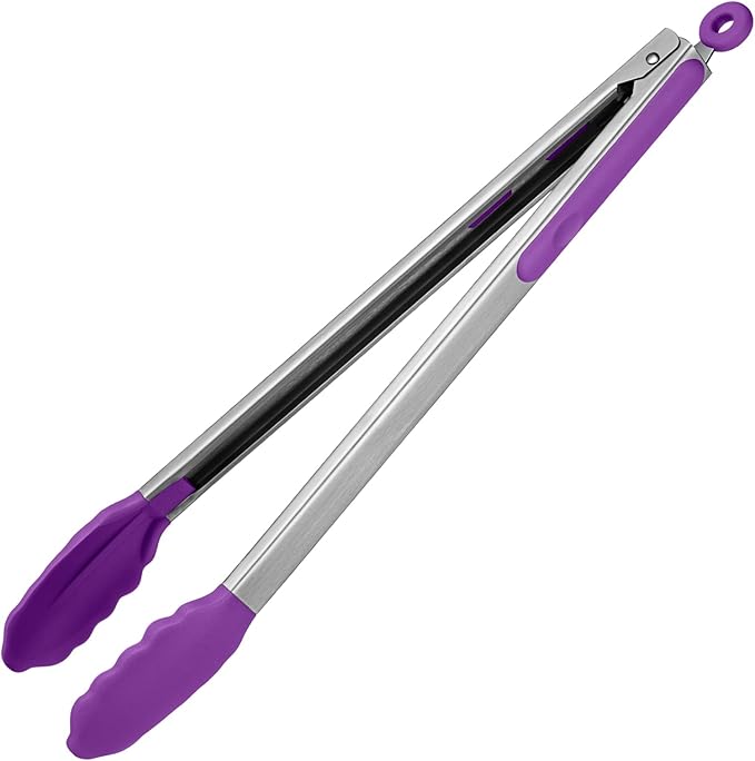 Kitchen Tongs 16-Inch with Silicone Tips, 600°F Heat Resistant, Purple