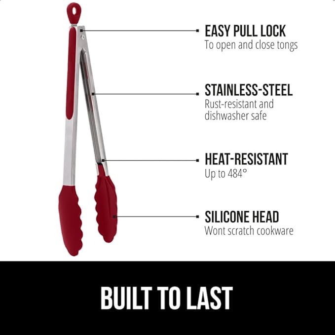 Tongs with Silicone Head and Stainless Steel Body, Red, Pull Lock
