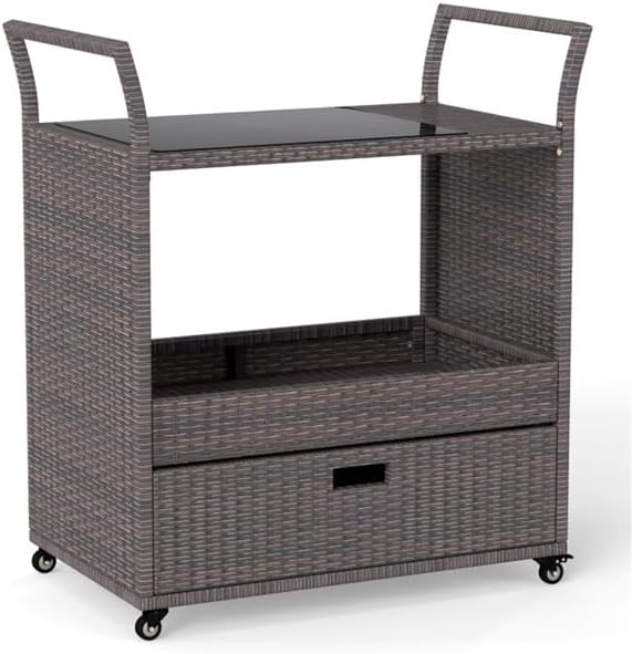 Outdoor Wicker Bar Cart with Drawer, PE Rattan Serving Trolley with Glass Top & - Image 7