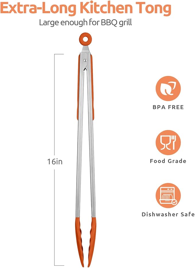 Tongs 16-Inch Silicone-Tipped Locking Grill Tongs, Orange