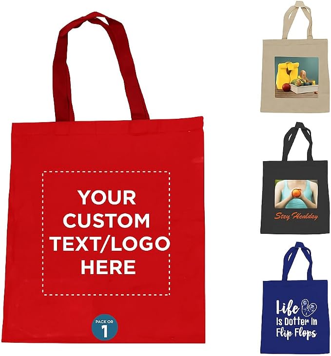 DISCOUNT PROMOS Custom Cotton Canvas Tote Bags Set of 1, Personalized Text by DISCOUNTPROMOS