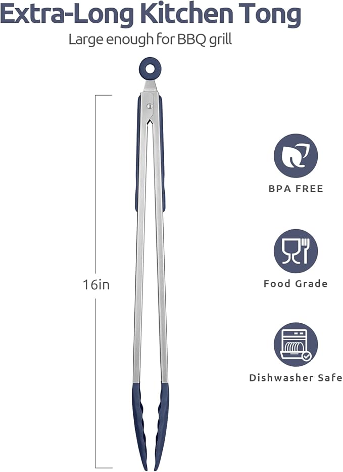 Locking Grilling Tongs, 16-Inch with Silicone Tips, Midnight Blue
