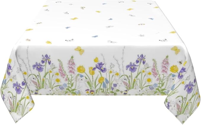 Spring Easter Tablecloth 60 x 60 Inch Square, Bunny Colorful Flower Butterfly - Image 2