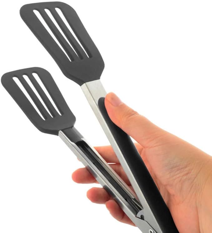 Tongs with Locking Ring, Stainless Steel and Silicone, Black, 12 Inch
