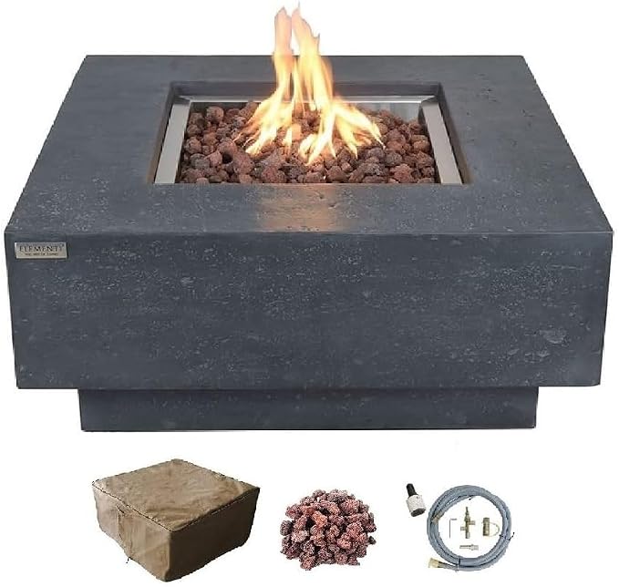 Elementi | Manhattan Gas Fire Pit Cast Concrete 36" Square Fire Table, Outdoor by AMSFireplaceInc