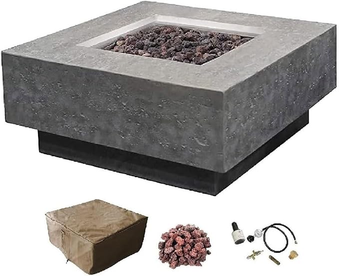 Elementi | Manhattan Gas Fire Pit Cast Concrete 36" Square Fire Table, Outdoor by AMSFireplaceInc