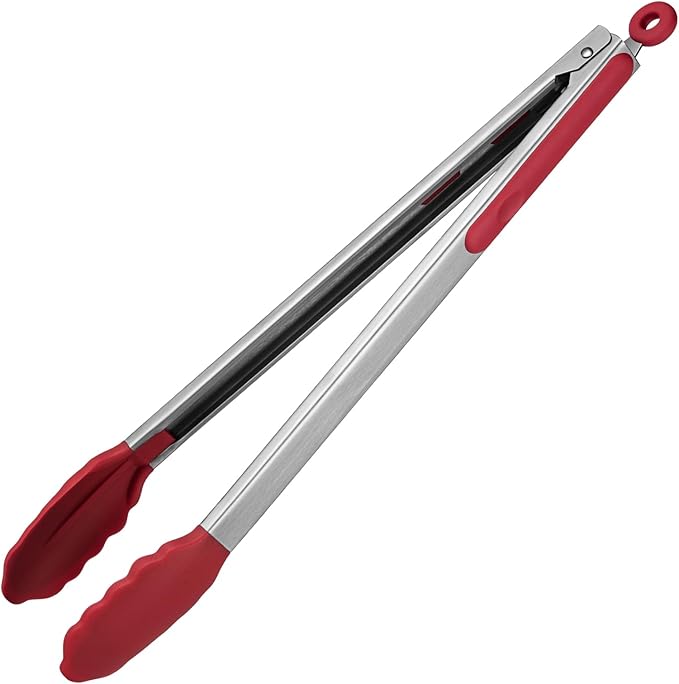 Tongs, 16-Inch Red Locking Grill Tongs with Silicone Tips