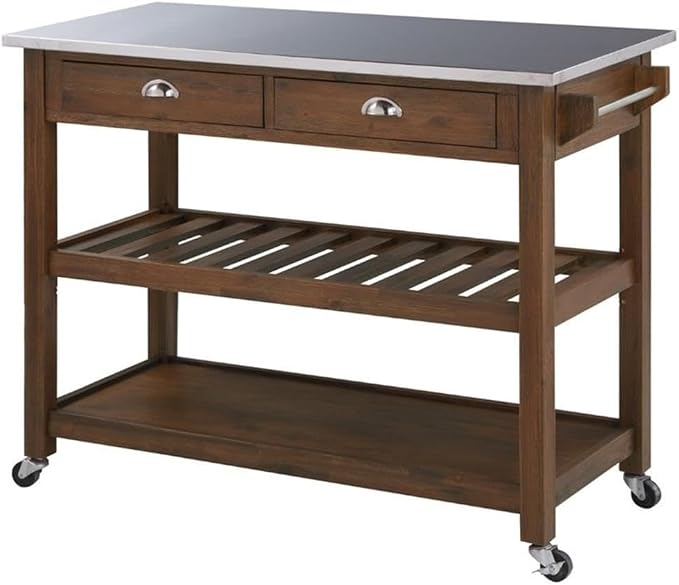 BOWERY HILL Modern Wood/Stainless Steel Kitchen Cart in Chestnut Wire-Brush by BOWERYHILL