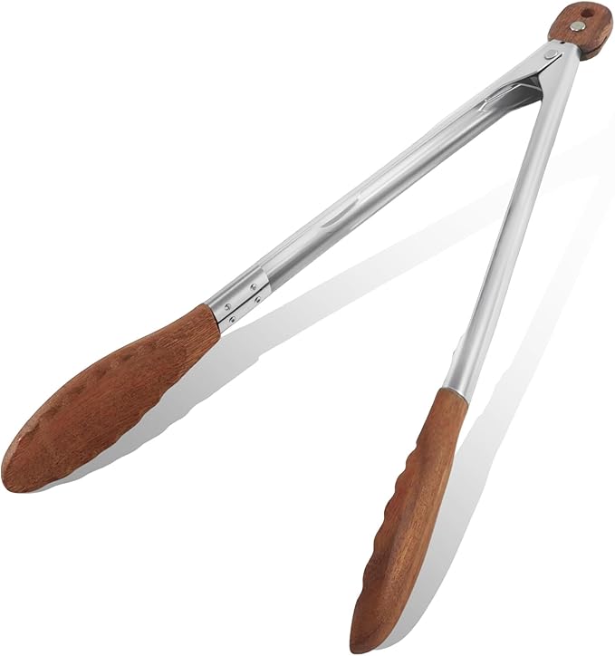 Tongs, 12 Inch Walnut Wood Kitchen Tongs with Locking Design