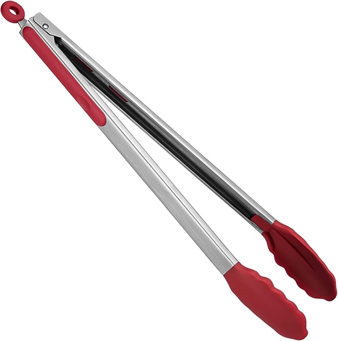 Tongs with Silicone Tips, 16-Inch Locking Design, Red