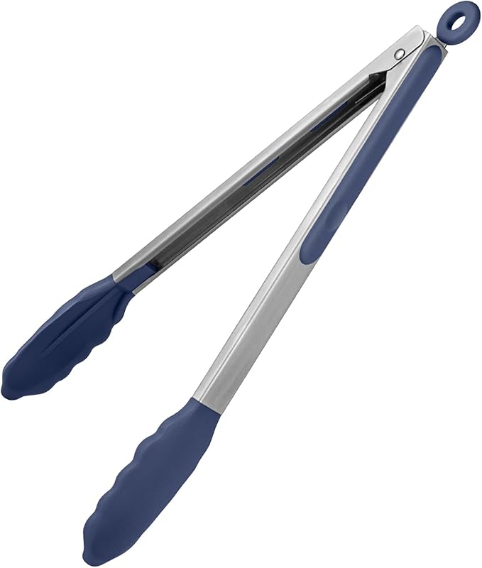 Tongs with Silicone Tips, Locking Stainless Steel, Midnight Blue