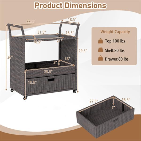 Outdoor Wicker Bar Cart with Drawer, PE Rattan Serving Trolley with Glass Top & - Image 2