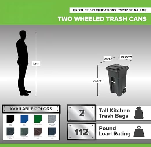 32 Gallon Blue Wheeled Recycling Trash Can - Image 6
