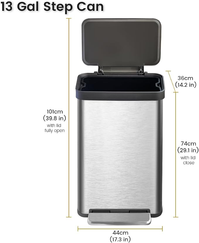 50 Liter / 13 Gallon Trash Can, Fingerprint Proof Stainless Steel Kitchen Trash - Image 9