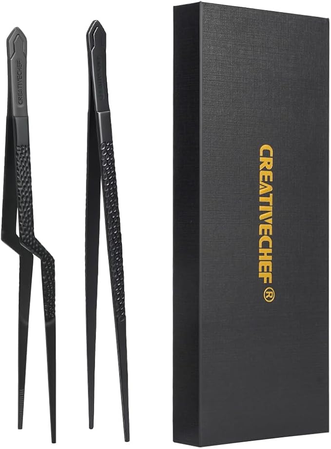 Tongs for Plating, Black Stainless Steel Culinary Tweezers, 10-Inch