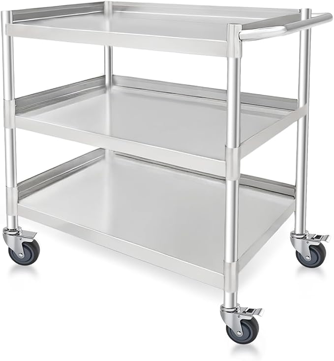 3 Tier Stainless Steel Utility Cart | Heavy Duty Metal Rolling Cart by KUGEIGO