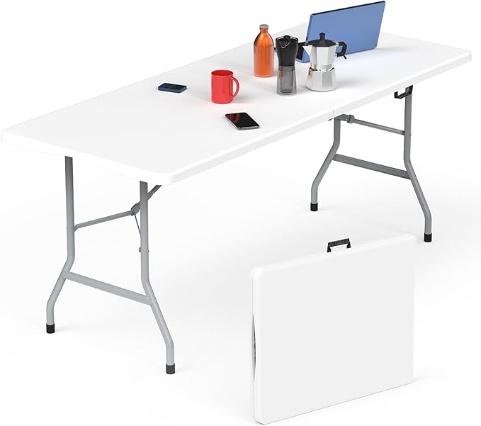 HLPB Folding Table 6ft, Foldable Portable Heavy Duty Plastic Fold-in-Half by HLPB