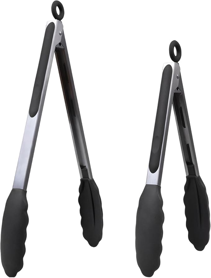 Tongs 9 and 12 Inch Black Stainless Steel with Silicone Tips