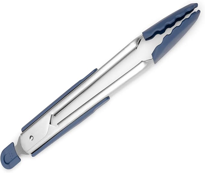 Silicone-Tipped Tongs, Blue, 13-Inch with Scalloped Edges
