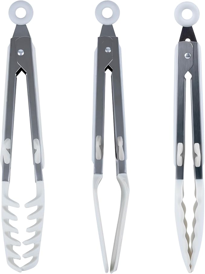 Silicone Tip Tongs Set of 3, 12-Inch Stainless Steel, White