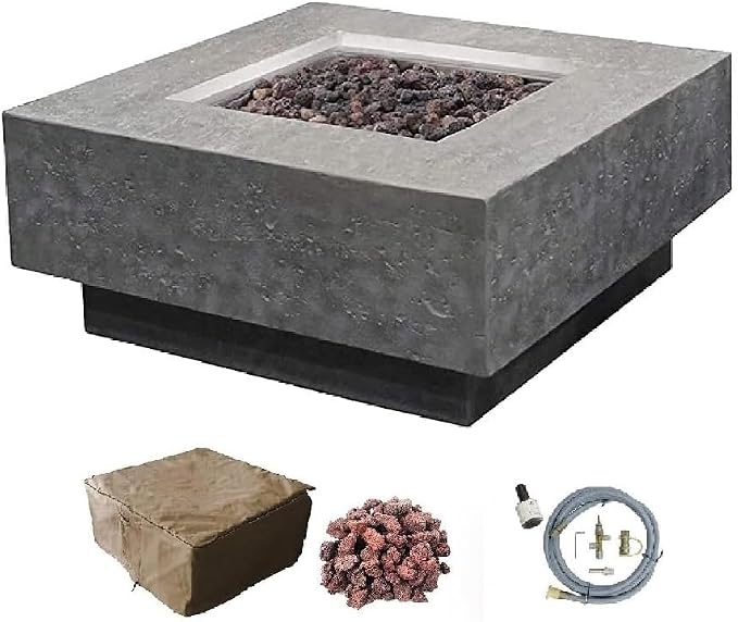 Elementi | Manhattan Gas Fire Pit Cast Concrete 36" Square Fire Table, Outdoor by AMSFireplaceInc