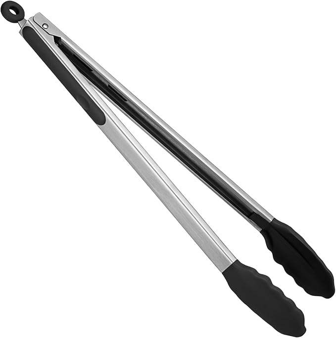 Tongs 16-Inch Black Stainless Steel with Silicone Tips and Locking Tab