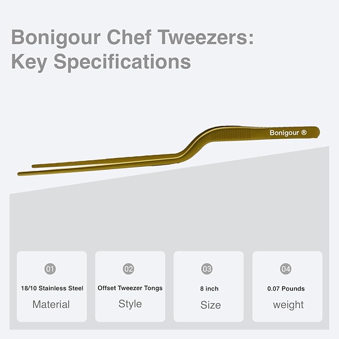 Tongs: Gold Stainless Steel Offset Precision Tweezers, 9.3-Inch