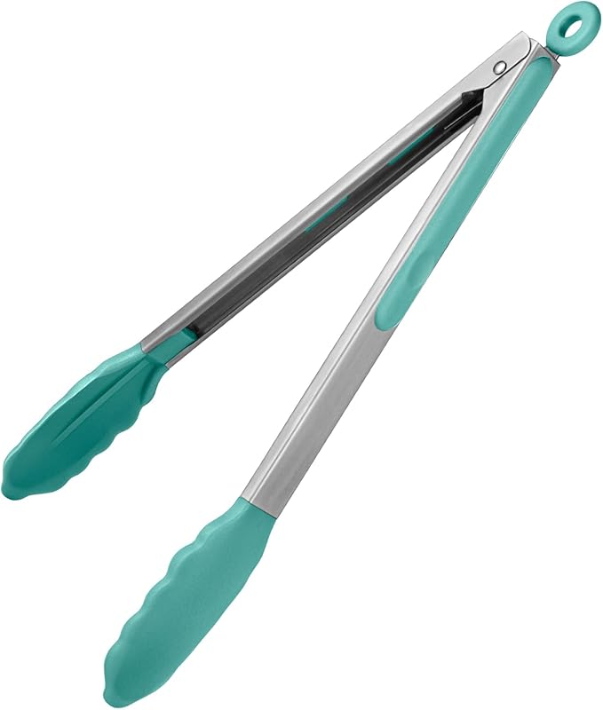 Kitchen Tongs with Silicone Tips, 12 Inch, Aqua, Heat Resistant