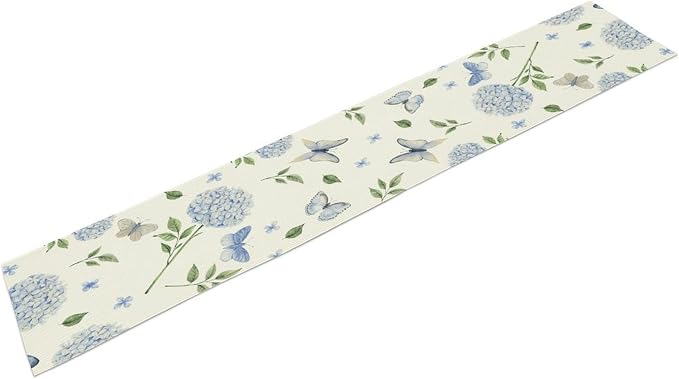 Spring Hydrangea Table Runner, Summer Moth Watercolor Sky Blue Butterfly - Image 7