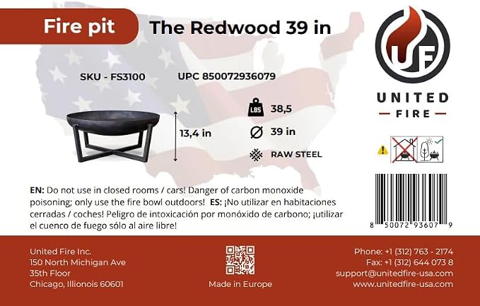 Fire Pit Redwood 39" Outdoor Fire Bowl, Steel Firepit - Image 7