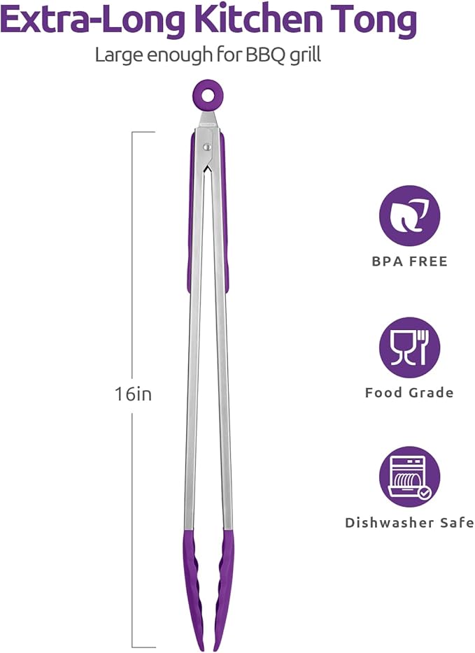 Kitchen Tongs 16-Inch with Silicone Tips, 600°F Heat Resistant, Purple